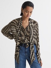 REISS Cedar Dogtooth Tie-Neck Blouse Top in Black/Beige UK Size 10