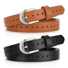 2 Pack Women Leather Belt, Skinny Belt for Jeans Pants Dresses Ladies Waist Belt