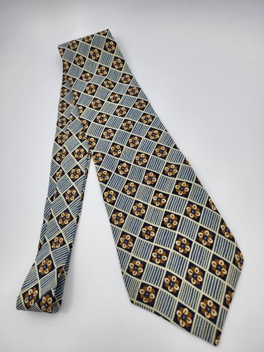 Perry Ellis Silk Tie Blue Brown White Floral Geometric Men Necktie 55.5 x 3.7/8 - Picture 2 of 10