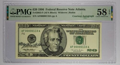 True Binary 00000110 Courtesy Autographed 1996 $20 PMG 58 EPQ