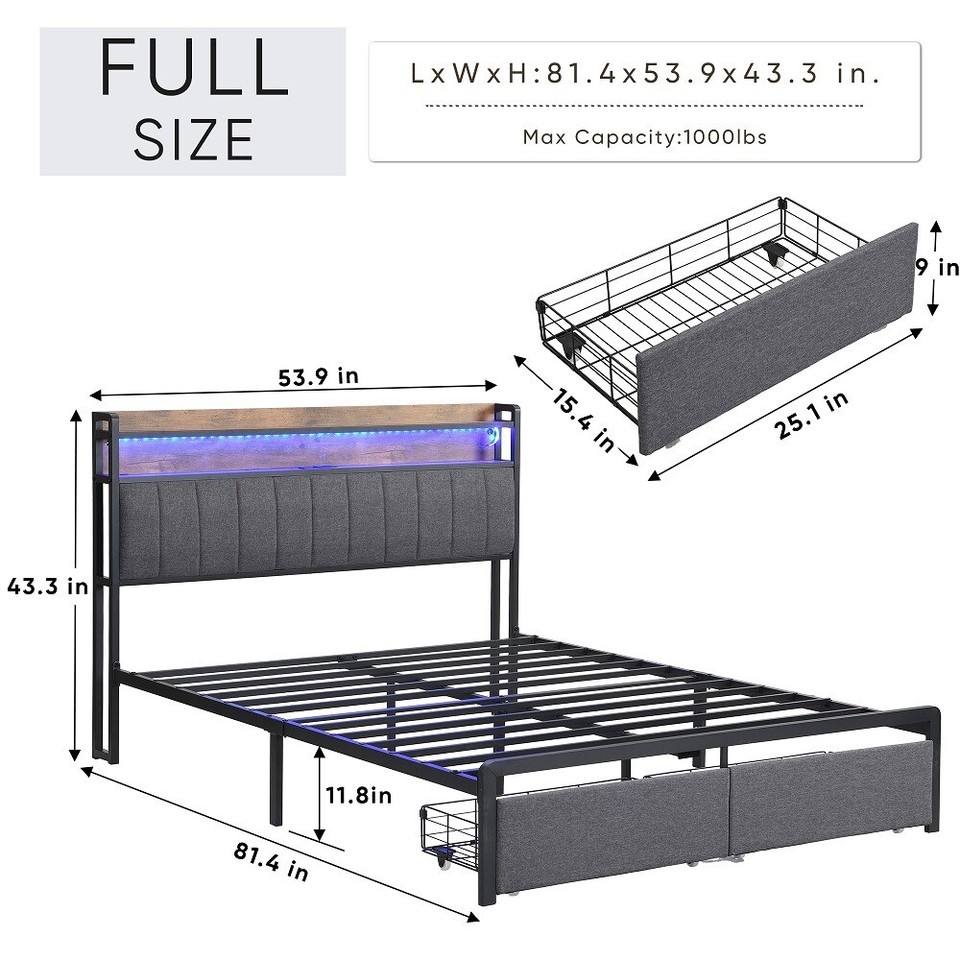 Full Bed Frames with Storage Headboard and Drawers LED Upholstered Bed