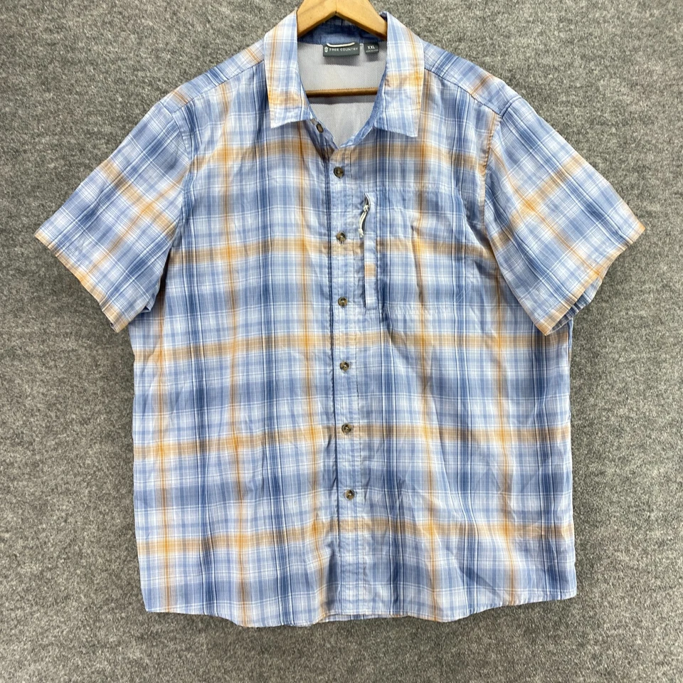 Camisa Free Country Hombre 2XL Azul A Cuadros Cuello Abotonado Manga Corta Forrada Foto 4 de 4