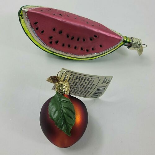 Set 2 Vintage Old World Christmas Watermelon Plum Fruit Ornament Glass OWC - Picture 1 of 8