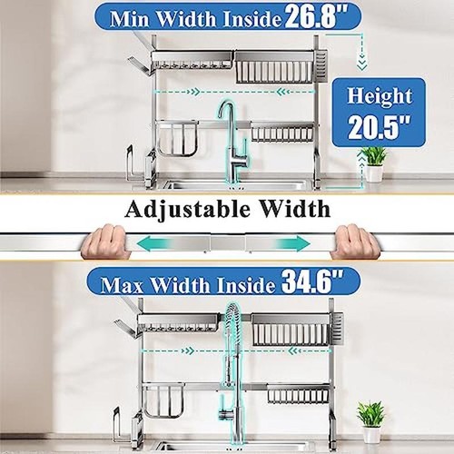 Verstellbar 2 Ebenen Edelstahl über Spüle Geschirr Trockengestell Utensilien Halter Neu - Bild 5 von 7