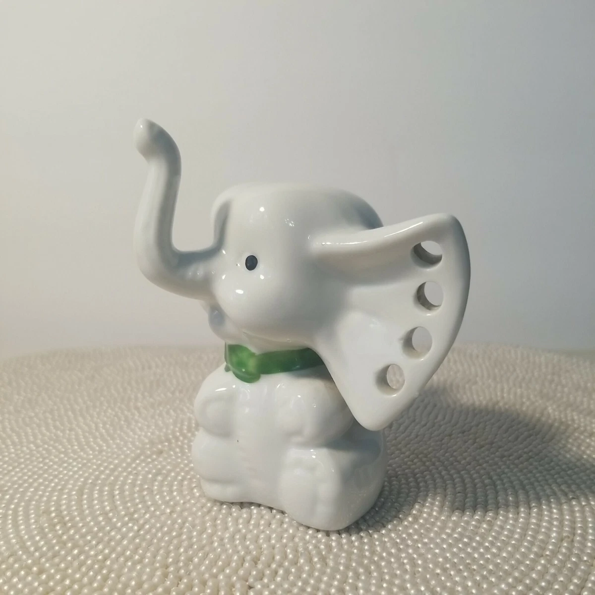 Small White Vintage Ceramic Elephant trunk up Earring Holder