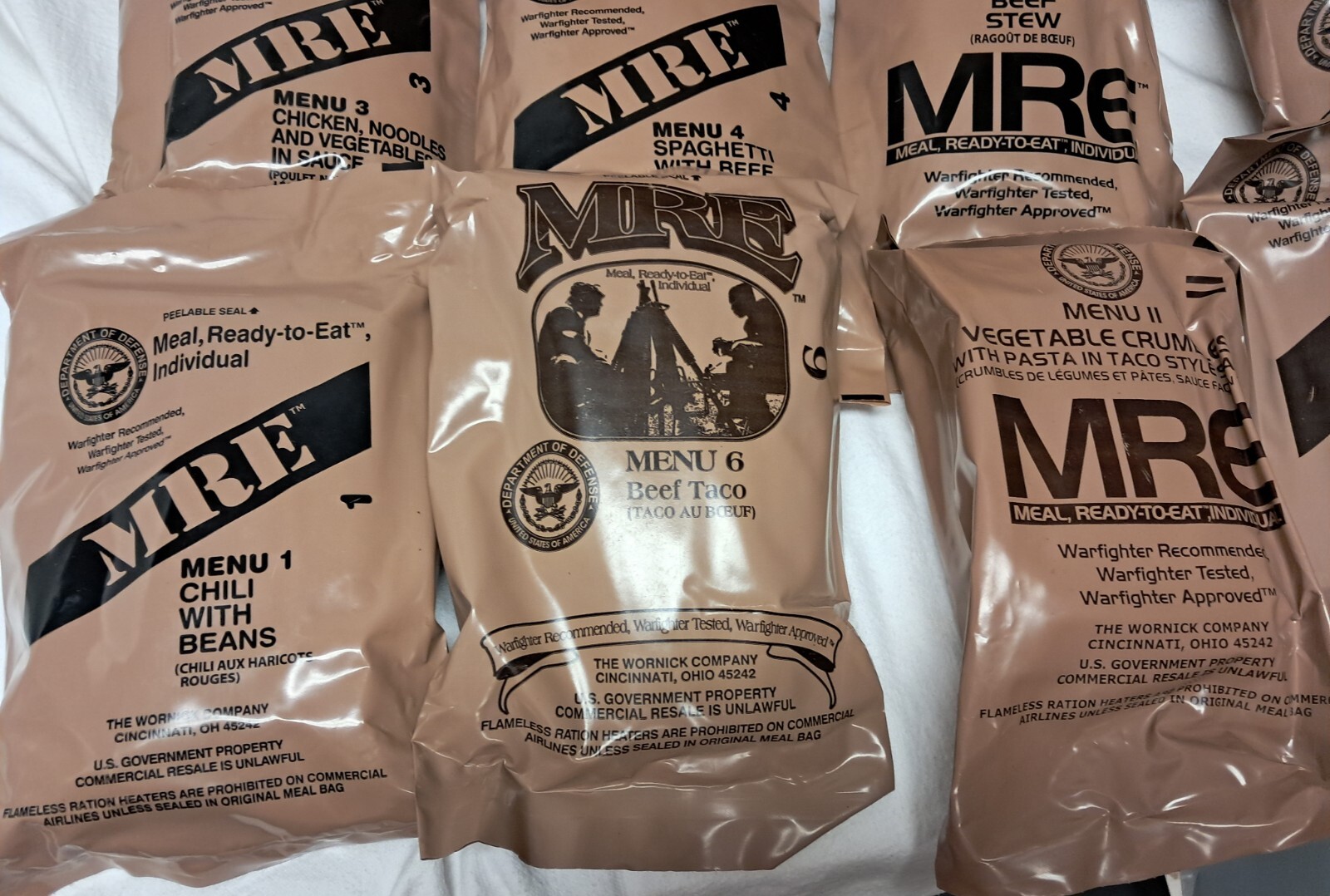 10 MRE Meals The wornick co--Water activated Flameless Ration Heater in each bag