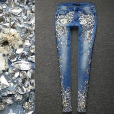 Beads Womens jeans Pencil Pants Rhinestone Skinny Leggings Slim Fit Splicing New