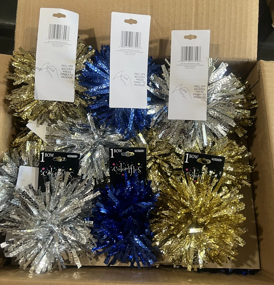A Box Of 20 Pom Pom Gift Bow blue silver and gold - Image 2 of 2