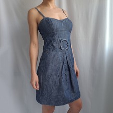 Miss Sxity Denim Spaghetti Strap Dress Size M A-Line Pockets Blue