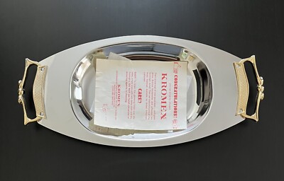 Vintage Kromex Chrome 14  Oval Platter Gold Tone Scroll Handles Prescut Dish USA
