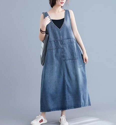 New Women's Casual Loose Denim Overall Dress Jean Bib Suspender Skirt Baggy Gift - Picture 5 of 12