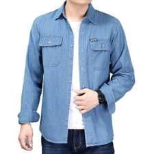 Hommes Jeans Coton Chemise Manches Longues avec Rabat Poche Vintage