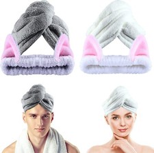 4 Pc Hair Towel Wrap Spa Makeup Headband Hairband w/Ears Microfiber Adjustable