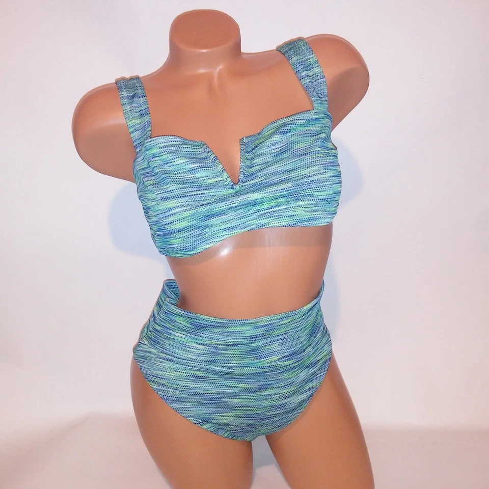 Bikini de natación Aerie grande superior e inferior azul verde texturizado bandeau corte alto descarado Foto 2 de 4