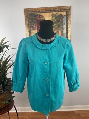 Du Jour Jacket Women's XS 100% Cotto Teal Pleated 3/4 Sleeve Mid-Century Modern