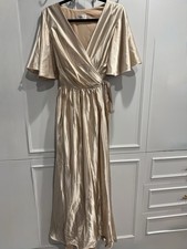 Lavetir Size 10 Champagne Satin-like Bridesmaid Butterfly Sleeve V Neck dress
