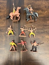 Vintage Plastic Cowboys  Indians Figures Lot of 8 w/ Horse Western Playset