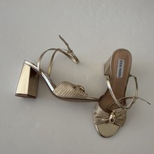 Women s Stylish Gold Braided Metallic Block Heel Open Toe Ankle Strap Sandals