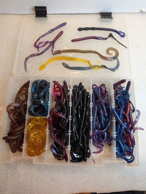 Assorted Fishing Snakes And  Worms Over 80 Softbaits In Plano Box. 