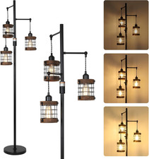 Dimmable 3-Light Industrial Floor Lamp with Wood Metal Cage for Living Room