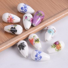 20pcs Flower Patterns 20x10mm Teardrop Shape Ceramic Porcelain Loose Beads