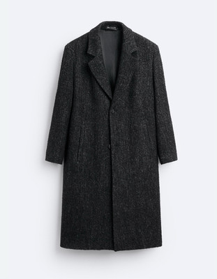 Zara Herringbone Wool Blend Notch Lapel Tweed Fully Lined Long Coat Black Large