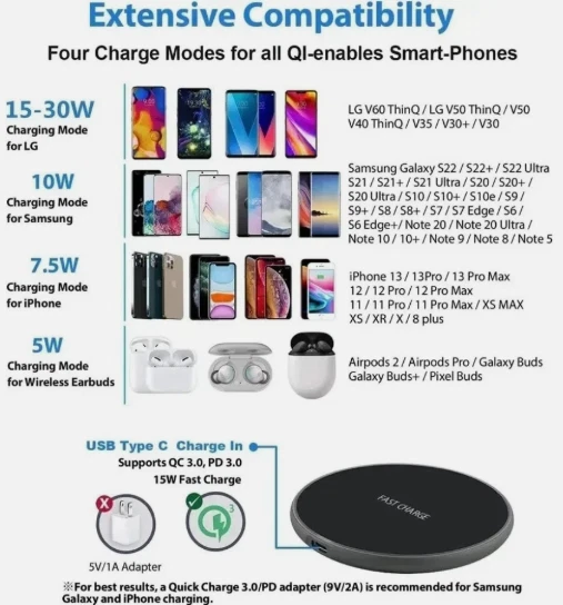 Fast Wireless Charger Charging Pad For iPhone 16 15 14 13 12 11 &Samsung Android - Image 4 of 4