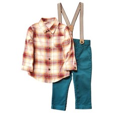 Infant Toddler Boys Tan, Green, Red Shirt, Green Pants Suspenders Set