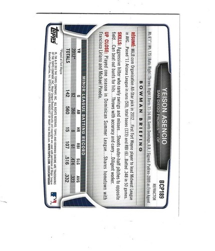 2013 Bowman Chrome Prospects Refractors #BCP189 Yeison Asencio SAN DIEGO PADRES - Picture 2 of 2