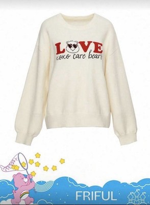 Care Bears LOVE Graphic Heart Logo Kawaii y2k Sweater Shirt Off-White Sz MEDIUM