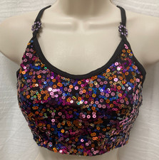 Black multicolor Sequin Bra Top front lined tie crisscross back front lined