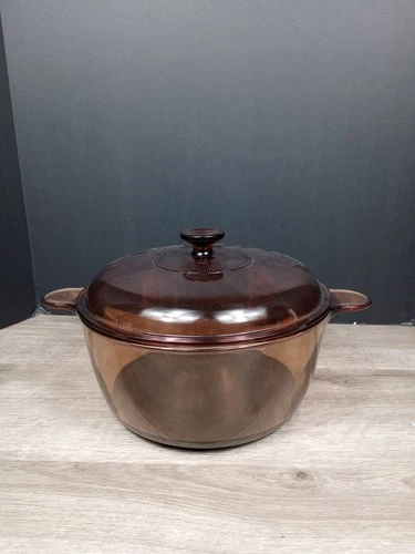 Vtg Visions Corning Ware Pyrex Amber 4.5L Glass Dutch Oven Stock Pot & Lid