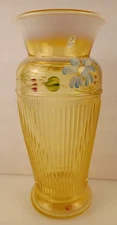 Fenton 9.5" Hand-Painted Satin Custard Vase – Blue Floral, Artist Signed 