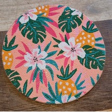 Handmade Tropical Diamond Painting Wall Art Pineapple Hibiscus Floral 10 Inch