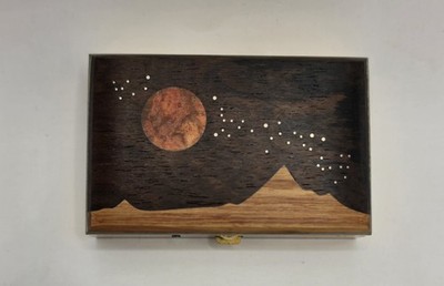 Vintage Moon And Stars Over Mountains Wood Inlay Small Trinket Box Gold Tone