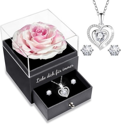 Valentinstagsgeschenk für Sie, Ewige Echte Rose mit Kette 925 Sterling 