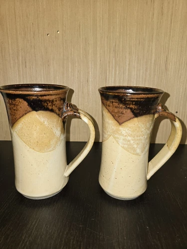 Vintage 1981 Handcrafted Pottery Large Mugs Set Of 2 Signed