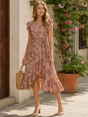 Inspired Hearts Western Boho Faux Wrap Ruffle Hem Midi Dress Womens Large NWT 