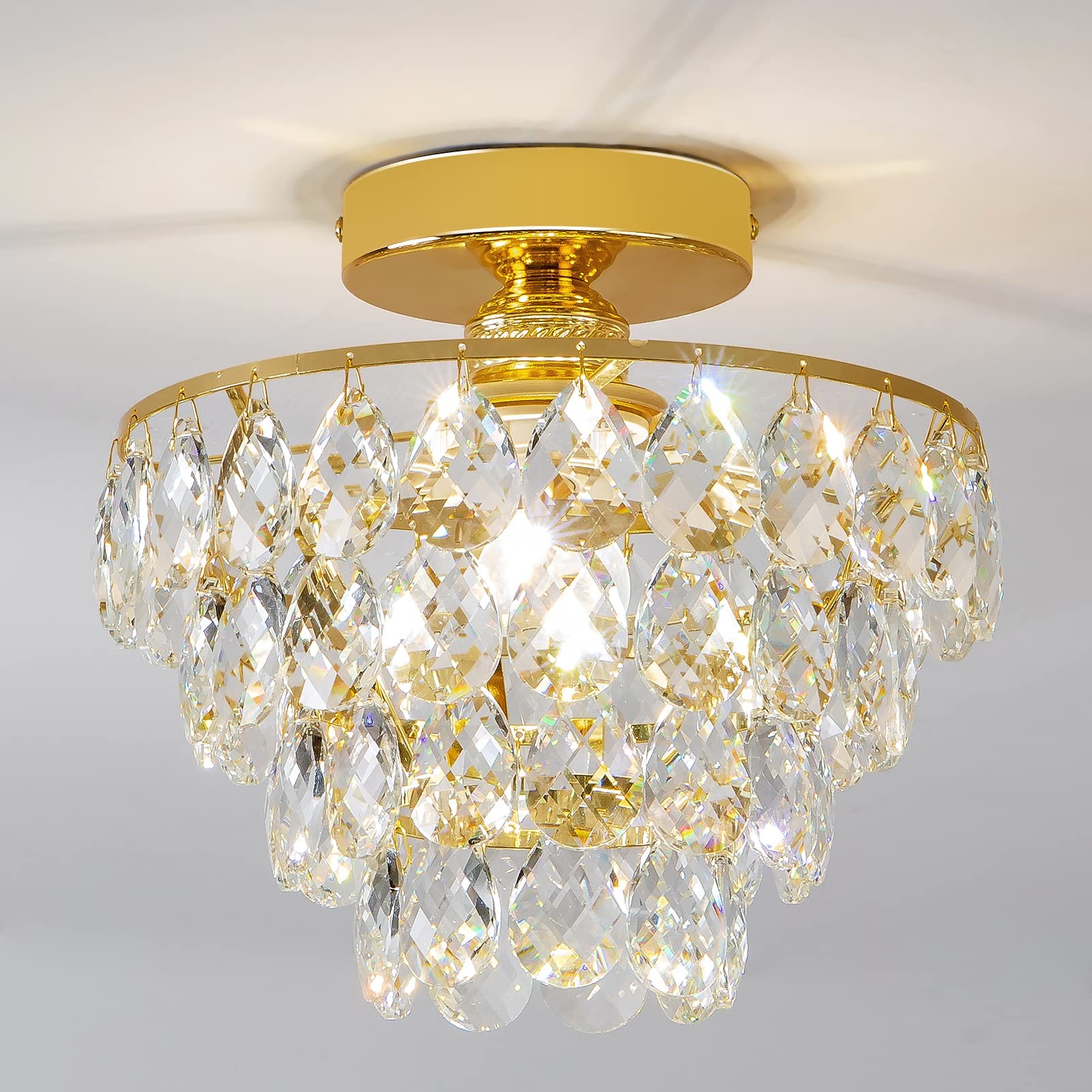 Modern Gold Crystal Mini Flush Mount Chandelier Ceiling Light for Closets