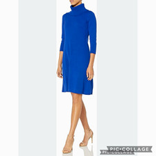 Nine West Dress Royal Blue Knit Cowl Neck 3/4 Sleeve Knee Length M