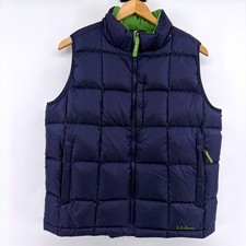 LL Bean Goose Down Puffer Vest Navy Blue Lime Green Full Zip Womens Small 0HMN9