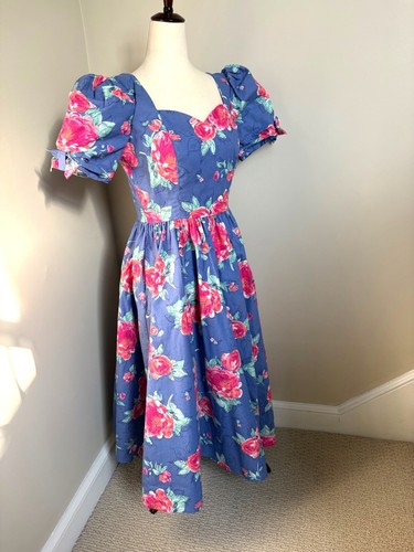 Vintage Laura Ashley Floral Midi Dress Blue Rose Print Puff Sleeve Cottagecore - Image 1