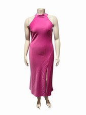 Vince Camuto Sz 10 Hot Pink Satin Halter Midi Dress Open Back Side Sleeveless