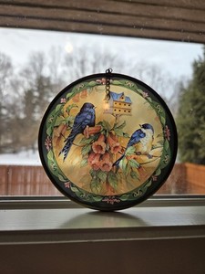 Vintage Blue Birds Glass Suncatcher Brass Framed Indigo Bunting Bird