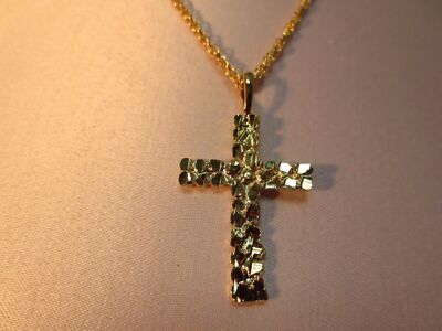 14 KT GOLD PLATED NUGGET CROSS CHARM W/ 16-30'' 14kt GOLD EP ROPE CHAIN -2042