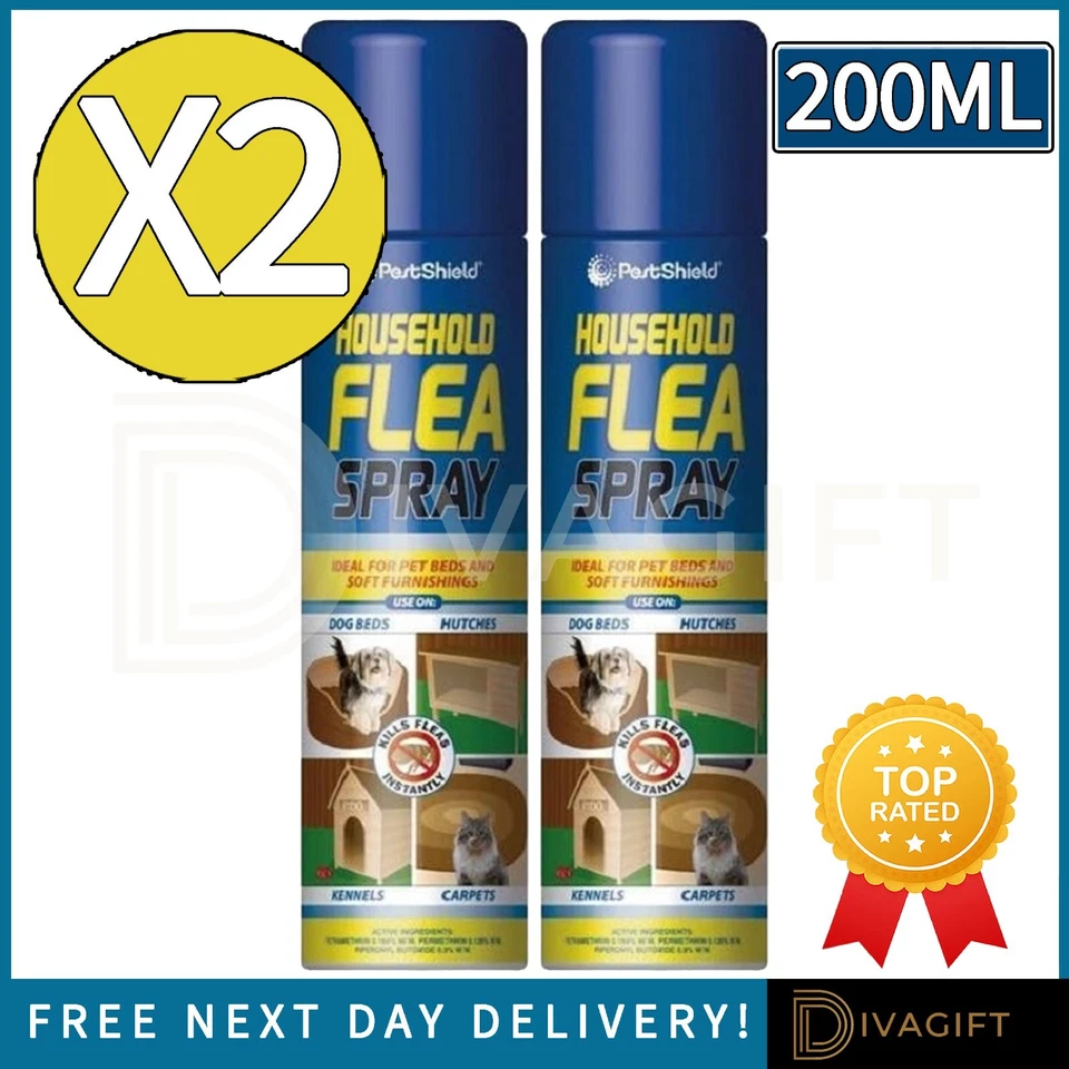 PESTSHIELD 2 x FLEA KILLER SPRAY 200ML AEROSOL ANIMAL DOG CAT PET BED FOR HOME FLEA CARE