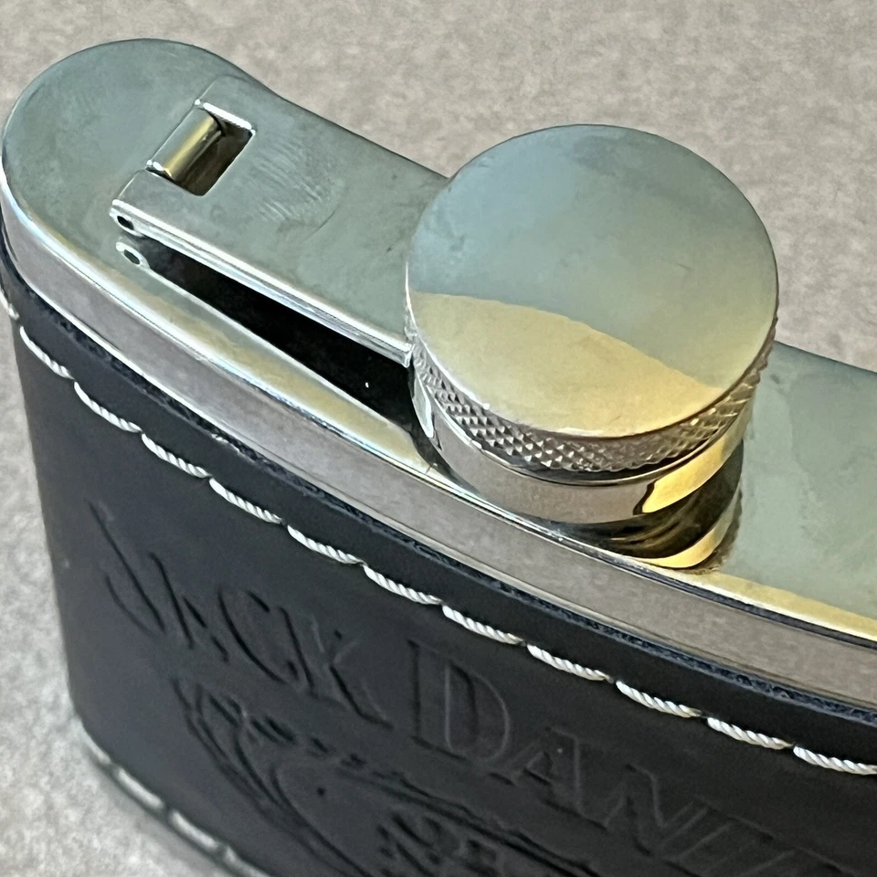 Jack Daniels Frasco Bolsillo Cadera Cuero Negro Acero Inoxidable 5oz 2009 Antiguo No. 7 Foto 4 de 4