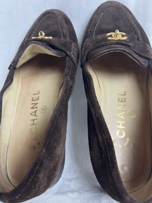 Chanel Brown Suede Loafers Shoes With Gold CC Logo Size  display picture 3