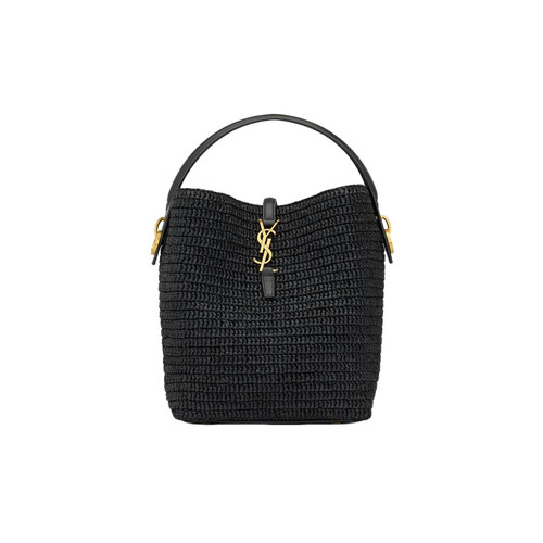 Saint Laurent Le 37 Medium $3200 Black Raffia Bucket Bag New & Authentic