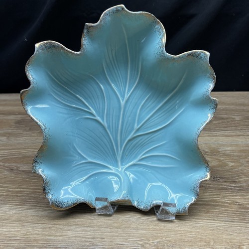 Vintage California Original #600 USA Art Pottery Leaf Bowl Blue Gold 9-1/2” - Picture 2 of 10